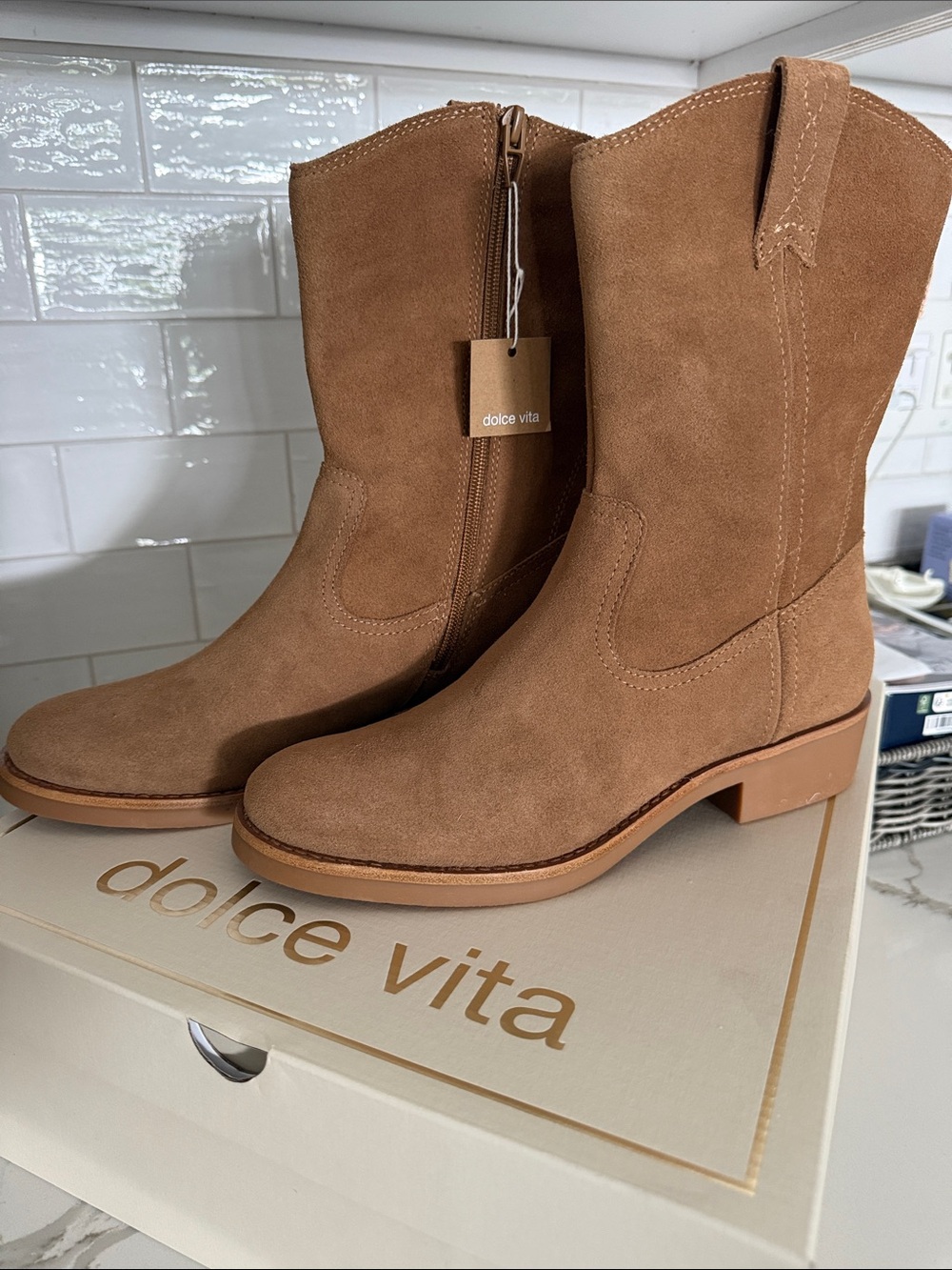 Dolce Vita Tan Suede Mid-Calf Western Heeled Boots